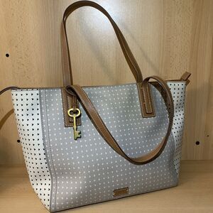FOSSIL Tote Bag Emma Leather Trim Large 2 Tone Boho Hearts Laptop Workbag
